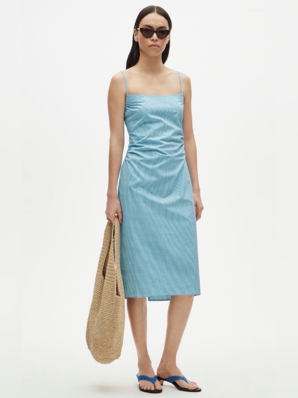 Ruched sheath dress in gingham stretch poplin